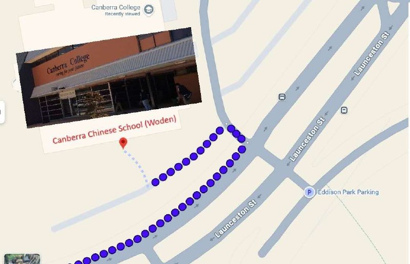 Woden campus map with the route to the classrooms marked